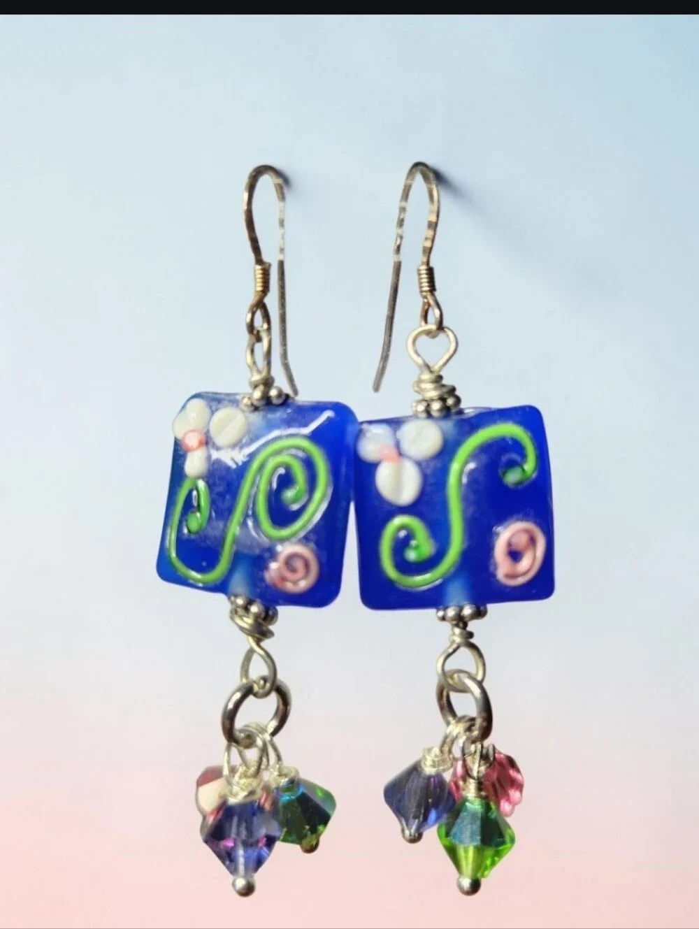 Blue Floral Swirl Lampwork Drop Earrings - Colorful Crystal Dangles